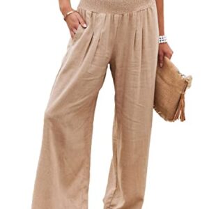 Mingzhu Women's Cotton Linen Loose Fit Palazzo Pants Casual High Waist Stretchy Wide-Leg Trousers with Pockets (0546-Khaki-L)