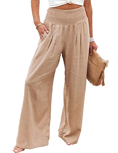 Mingzhu Women's Cotton Linen Loose Fit Palazzo Pants Casual High Waist Stretchy Wide-Leg Trousers with Pockets (0546-Khaki-L)