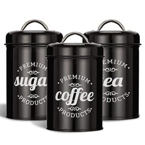 3 piece food jars canisters sets, airtight coffee container, tea organizer, and sugar canister, rustic farmhouse decor for kitchen countertop (black)