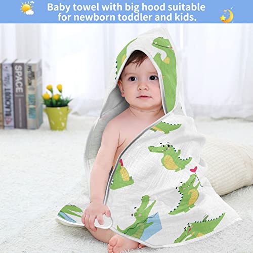 Cute Funny Crocodiles Hooded Baby Towel Alligator Green Predator Animal Baby Bath Towel Unisex Toddlers Hooded Towels Cotton Boy Washcloths Girl Shower Towel for Infant Newborn 30 X 30 in