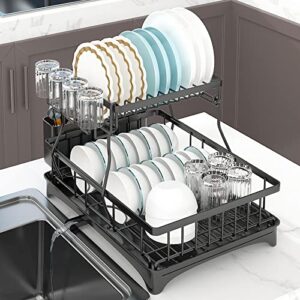 enutogo dish drying rack, 2-tier kitchen dish racks with drainboard, dish drainer set for kitchen counter with utensil holder, large dish rack organizer set for plates drying, stainless steel