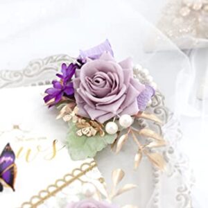 Ansofi Purple Corsage and Boutonniere Set, Prom Artificial Flower Wrist Corsage Bracelets, Homecoming Corsage Wristlet, Boutonniere for Men Wedding Flowers Accessories Prom Suit Decorations