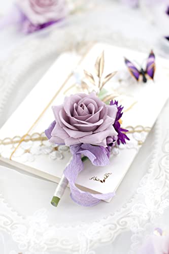 Ansofi Purple Corsage and Boutonniere Set, Prom Artificial Flower Wrist Corsage Bracelets, Homecoming Corsage Wristlet, Boutonniere for Men Wedding Flowers Accessories Prom Suit Decorations