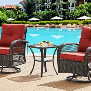 UDPATIO 3 Pieces Patio Furniture Set, Outdoor Swivel Gliders Rocker, Wicker Patio Bistro Set with Rattan Rocking Chair, Glass Top Side Table and Thickened Cushions for Porch Deck Backyard (Red)