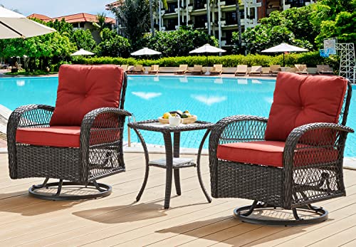 UDPATIO 3 Pieces Patio Furniture Set, Outdoor Swivel Gliders Rocker, Wicker Patio Bistro Set with Rattan Rocking Chair, Glass Top Side Table and Thickened Cushions for Porch Deck Backyard (Red)