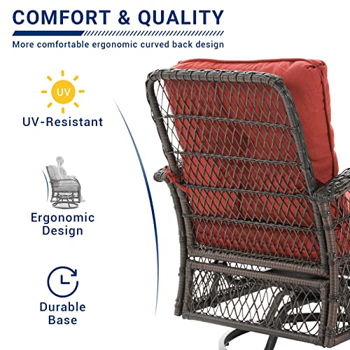 UDPATIO 3 Pieces Patio Furniture Set, Outdoor Swivel Gliders Rocker, Wicker Patio Bistro Set with Rattan Rocking Chair, Glass Top Side Table and Thickened Cushions for Porch Deck Backyard (Red)