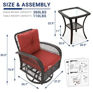 UDPATIO 3 Pieces Patio Furniture Set, Outdoor Swivel Gliders Rocker, Wicker Patio Bistro Set with Rattan Rocking Chair, Glass Top Side Table and Thickened Cushions for Porch Deck Backyard (Red)