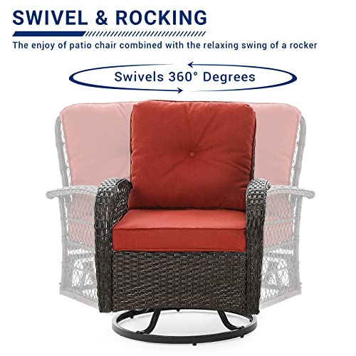 UDPATIO 3 Pieces Patio Furniture Set, Outdoor Swivel Gliders Rocker, Wicker Patio Bistro Set with Rattan Rocking Chair, Glass Top Side Table and Thickened Cushions for Porch Deck Backyard (Red)