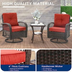 UDPATIO 3 Pieces Patio Furniture Set, Outdoor Swivel Gliders Rocker, Wicker Patio Bistro Set with Rattan Rocking Chair, Glass Top Side Table and Thickened Cushions for Porch Deck Backyard (Red)