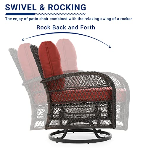 UDPATIO 3 Pieces Patio Furniture Set, Outdoor Swivel Gliders Rocker, Wicker Patio Bistro Set with Rattan Rocking Chair, Glass Top Side Table and Thickened Cushions for Porch Deck Backyard (Red)