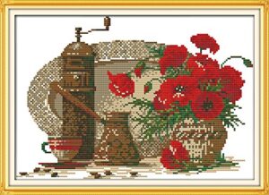 14 ct cross stitch kits for beginners teacup & poppy printed stamped cross-stitch supplies needlework printed embroidery kits diy kits needlepoint starter kits 34×26cm
