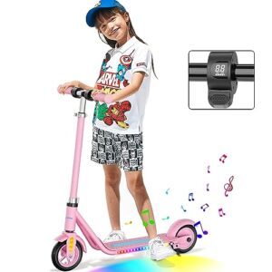 scoothop kids electric scooter,colorful rainbow lights electric scooter with bluetooth music speaker, led display,4 height adjustable and 3 speed adjustment,electric scooter for kids ages 6-12(pink)