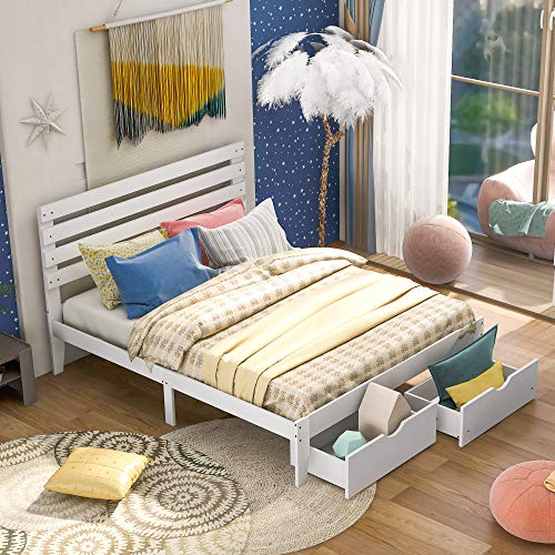 Lepfun Queen Size Murphy Bed with Storage Drawer and Little Shelves on Each Side, Solid Wood Queen Platform Bed Frame for Kids Teens Adults, No Box Spring Needed (White)