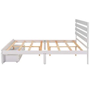 Lepfun Queen Size Murphy Bed with Storage Drawer and Little Shelves on Each Side, Solid Wood Queen Platform Bed Frame for Kids Teens Adults, No Box Spring Needed (White)