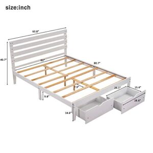 Lepfun Queen Size Murphy Bed with Storage Drawer and Little Shelves on Each Side, Solid Wood Queen Platform Bed Frame for Kids Teens Adults, No Box Spring Needed (White)