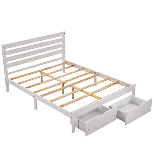 Lepfun Queen Size Murphy Bed with Storage Drawer and Little Shelves on Each Side, Solid Wood Queen Platform Bed Frame for Kids Teens Adults, No Box Spring Needed (White)