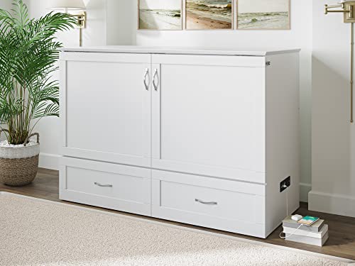 AFI, Hamilton Murphy Bed Chest with 6 inch Memory Foam Folding Mattress, Built-in Charging Station and Storage Drawer, Full, White