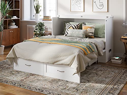 AFI, Hamilton Murphy Bed Chest with 6 inch Memory Foam Folding Mattress, Built-in Charging Station and Storage Drawer, Full, White