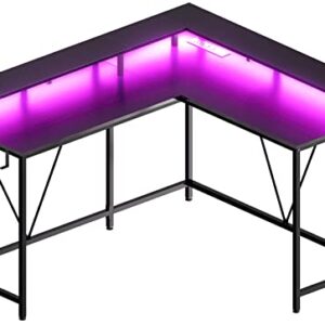 Huuger L Shaped Gaming Desk with LED Lights & Power Outlets, Computer Desk with Monitor Stand & Hooks, Home Office Desk, Corner Gaming Desk, Black