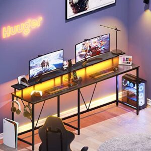 Huuger L Shaped Gaming Desk with LED Lights & Power Outlets, Computer Desk with Monitor Stand & Hooks, Home Office Desk, Corner Gaming Desk, Black