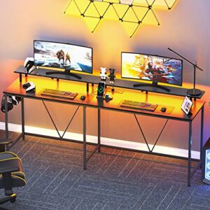 Huuger L Shaped Gaming Desk with LED Lights & Power Outlets, Computer Desk with Monitor Stand & Hooks, Home Office Desk, Corner Gaming Desk, Black
