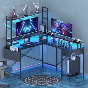 Huuger L Shaped Desk Gaming Desk with LED Lights & Power Outlets, Computer Desk with Storage Shelves, Corner Desk Home Office Desks for Bedroom, Black