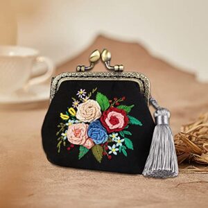 WADORN DIY Coin Purse Embroidery Kit, Kiss Clasp Clutch Embroidery Making Kit Flower Pattern Handmade Cross Stitch Bag Making All Material Vintage Small Wallet Sewing Needlepoint Kit, 3.2x3.3 Inch