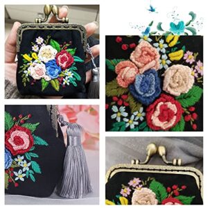 WADORN DIY Coin Purse Embroidery Kit, Kiss Clasp Clutch Embroidery Making Kit Flower Pattern Handmade Cross Stitch Bag Making All Material Vintage Small Wallet Sewing Needlepoint Kit, 3.2x3.3 Inch