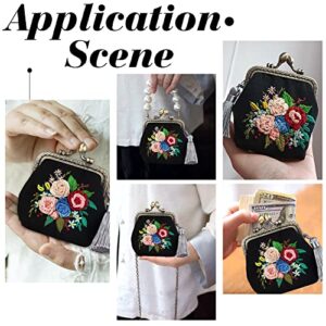 WADORN DIY Coin Purse Embroidery Kit, Kiss Clasp Clutch Embroidery Making Kit Flower Pattern Handmade Cross Stitch Bag Making All Material Vintage Small Wallet Sewing Needlepoint Kit, 3.2x3.3 Inch