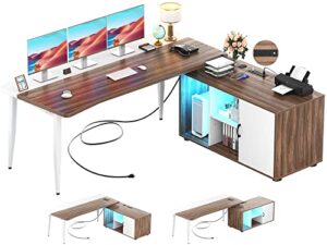 unikito l shaped desk with file cabinet and power outlet, 55 inch large corner computer desks with led light strip, l-shaped computer desk with door and storage shelves for home office, walnut & white