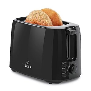 isiler 2 slice toaster, 1.3 inches wide slot bagel toaster with 7 shade settings and double side baking, compact bread toaster with removable crumb tray, defrost cancel function black