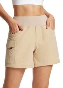 baleaf women's 5" athletic shorts high waisted quick dry with cargo pockets hiking climbing summer shorts-khaki-l