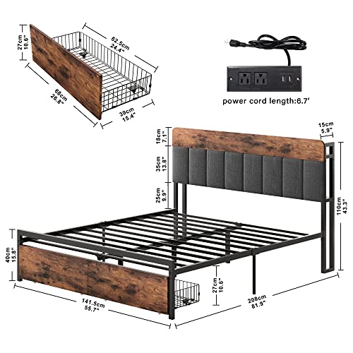 LIKIMIO Full Bed Frame with Storage Headboard, Drawers, LED Light, Charging Station, Sturdy, Noiseless, No Need Box Spring, Easy to Assemble