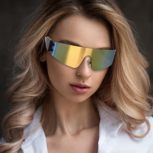 Y2K Trendy futuristic surround fashion rimless glasses sunglasses for women men,cyberpunk version of silver sunglasses rave party (Pink Sunglasses2)