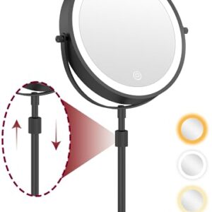 mumianshu 9" Makeup Mirror with Lights and Magnification 10X/1X, 360° Swivel Double Sided 5000 mAh Rechargeable LED Cosmetic Mirror, 3 Color Dimmable Height Adjustable Vanity Desktop Mirror Black