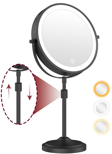 mumianshu 9" Makeup Mirror with Lights and Magnification 10X/1X, 360° Swivel Double Sided 5000 mAh Rechargeable LED Cosmetic Mirror, 3 Color Dimmable Height Adjustable Vanity Desktop Mirror Black