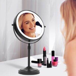 mumianshu 9" Makeup Mirror with Lights and Magnification 10X/1X, 360° Swivel Double Sided 5000 mAh Rechargeable LED Cosmetic Mirror, 3 Color Dimmable Height Adjustable Vanity Desktop Mirror Black