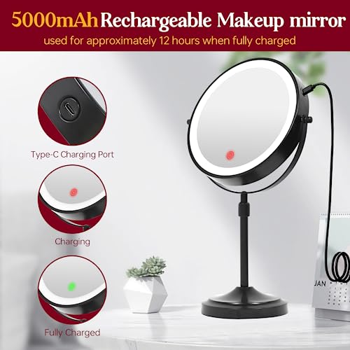 mumianshu 9" Makeup Mirror with Lights and Magnification 10X/1X, 360° Swivel Double Sided 5000 mAh Rechargeable LED Cosmetic Mirror, 3 Color Dimmable Height Adjustable Vanity Desktop Mirror Black