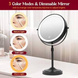 mumianshu 9" Makeup Mirror with Lights and Magnification 10X/1X, 360° Swivel Double Sided 5000 mAh Rechargeable LED Cosmetic Mirror, 3 Color Dimmable Height Adjustable Vanity Desktop Mirror Black