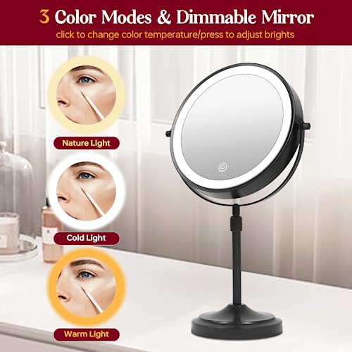 mumianshu 9" Makeup Mirror with Lights and Magnification 10X/1X, 360° Swivel Double Sided 5000 mAh Rechargeable LED Cosmetic Mirror, 3 Color Dimmable Height Adjustable Vanity Desktop Mirror Black