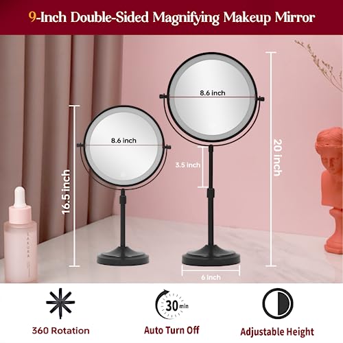 mumianshu 9" Makeup Mirror with Lights and Magnification 10X/1X, 360° Swivel Double Sided 5000 mAh Rechargeable LED Cosmetic Mirror, 3 Color Dimmable Height Adjustable Vanity Desktop Mirror Black