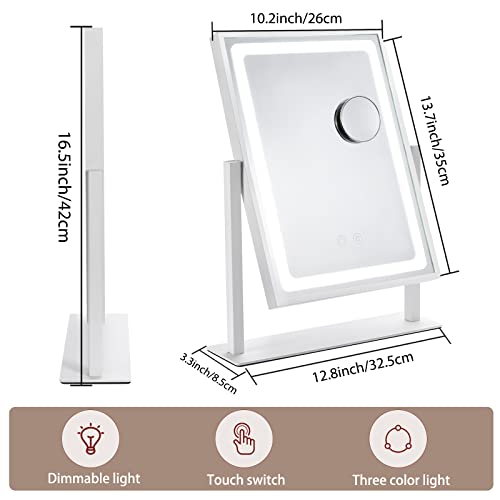 IBRIGHTSO Vanity Mirror with Lights, Hollywood Makeup Mirror with Lights, Touch Control, 3 Color Lighting Modes, Dimmable, Detachable 10X Magnification Mirror, 360° Rotation (16in, White)