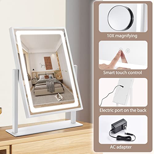 IBRIGHTSO Vanity Mirror with Lights, Hollywood Makeup Mirror with Lights, Touch Control, 3 Color Lighting Modes, Dimmable, Detachable 10X Magnification Mirror, 360° Rotation (16in, White)