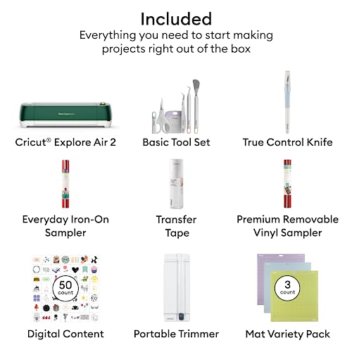 Cricut Explore Air 2 Starter Bundle - Includes 50 images & 10 fonts, Materials, Tool Set, Trimmer, Transfer Tape, Machine Mats & TrueControl Knife