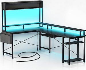 rolanstar l shaped gaming desk, 90.5“ computer desk with monitor stand & hutch, home office desk with led lights & power outlets, corner desk with keyboard tray, carbon fiber black