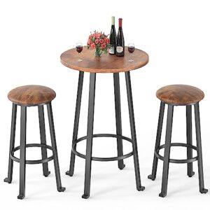 aiho bar table and chairs set for 2 with upholstered stools, 3 pieces pub table and chairs, modern pub dining set for small place - rustic brown