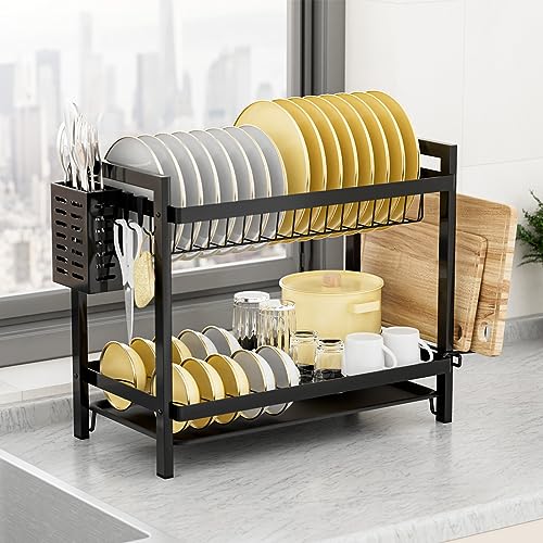 Esusom Dish Drying Rack Compact Drainer 2-Tier Dryer Rack for Small Spaces Dorm Apartment Kitchen Counter Dish Strainers Set with Drainboard Tray Utility Hooks Cutting Board & Utensil Holder