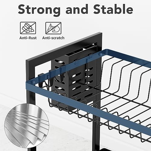 Esusom Dish Drying Rack Compact Drainer 2-Tier Dryer Rack for Small Spaces Dorm Apartment Kitchen Counter Dish Strainers Set with Drainboard Tray Utility Hooks Cutting Board & Utensil Holder