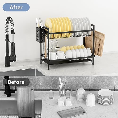 Esusom Dish Drying Rack Compact Drainer 2-Tier Dryer Rack for Small Spaces Dorm Apartment Kitchen Counter Dish Strainers Set with Drainboard Tray Utility Hooks Cutting Board & Utensil Holder