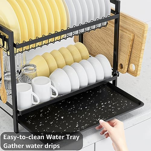 Esusom Dish Drying Rack Compact Drainer 2-Tier Dryer Rack for Small Spaces Dorm Apartment Kitchen Counter Dish Strainers Set with Drainboard Tray Utility Hooks Cutting Board & Utensil Holder